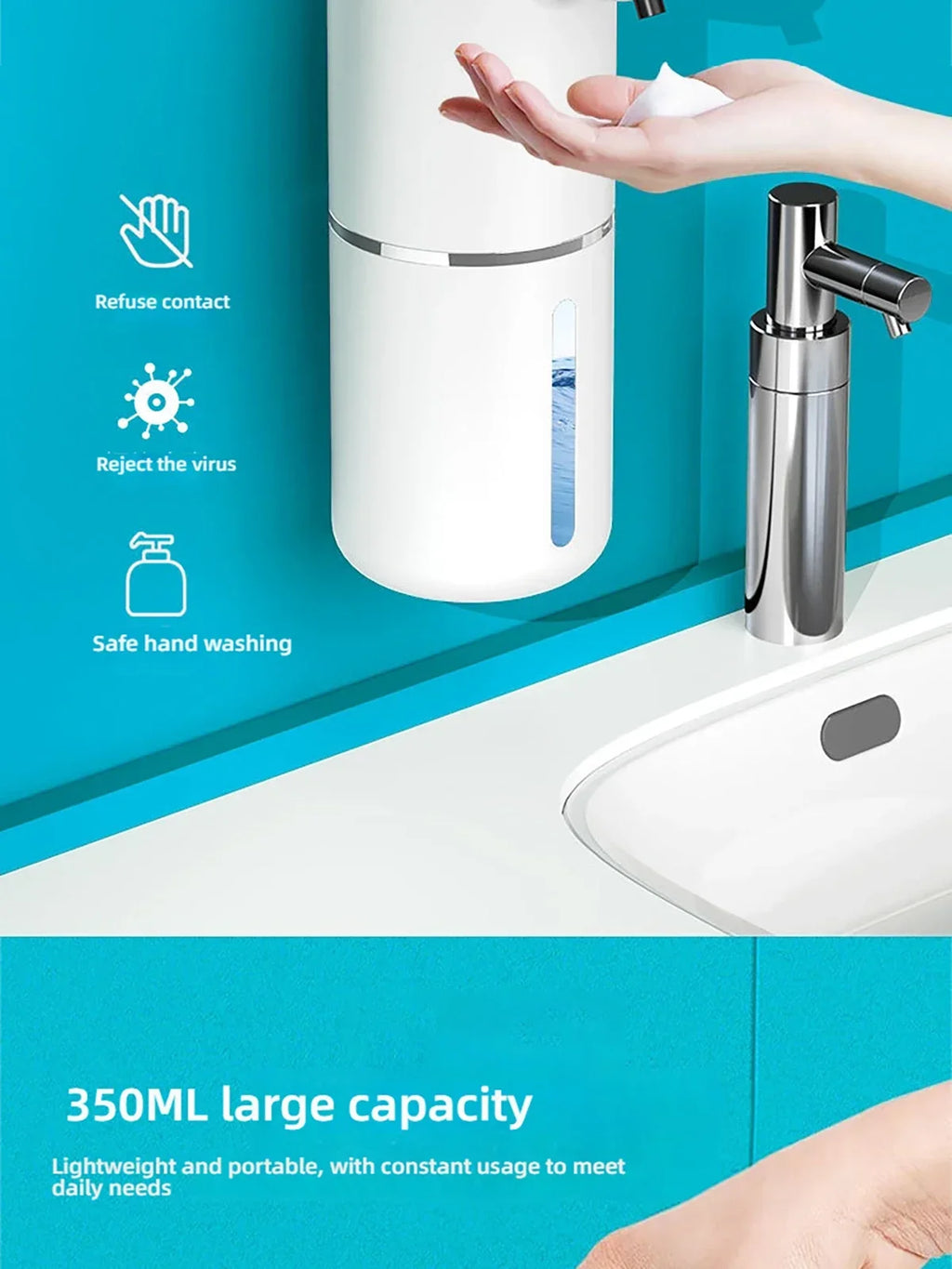 Automatic soap dispenser noncontact foam soap dispenser 380ml USB rechargeable adjustable foam suitable for kitchen and bathroom